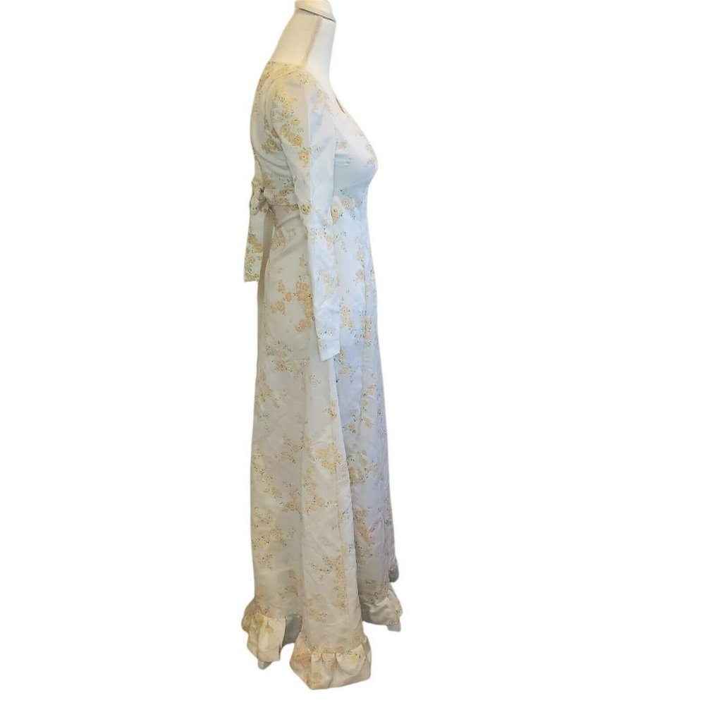 Vintage 70s Flocked Floral Maxi Prairie Dress White Peach Flowers Sz 0 XXS - Picture 3 of 13